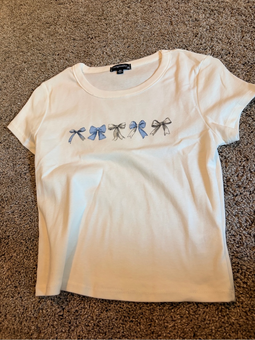 Women’s White Crop Top with Blue Bow Embroidery